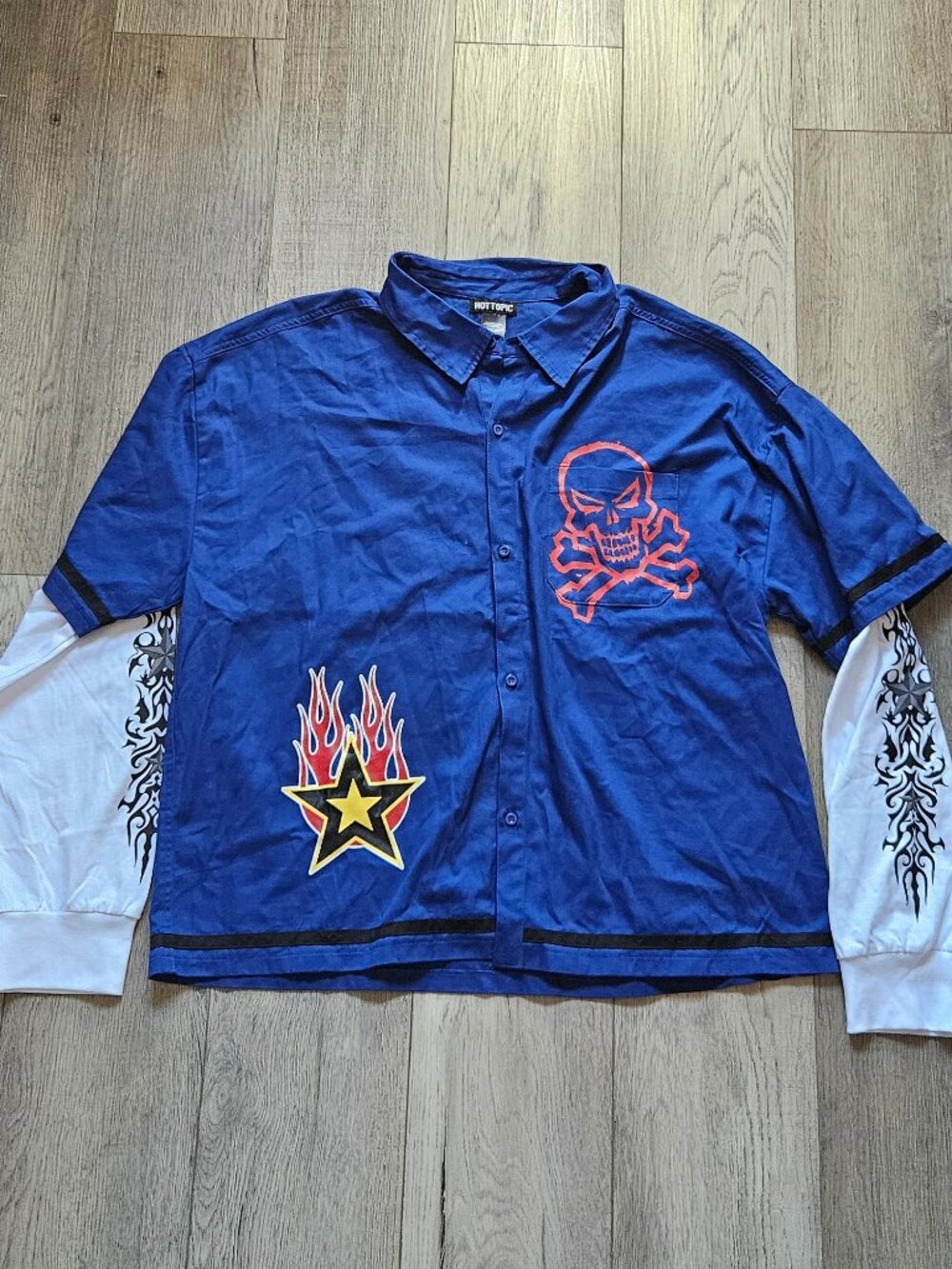 Hot Topic Mens XL Y2K Layered Long Sleeve Button Up Tribal Flame Barcode Shirt